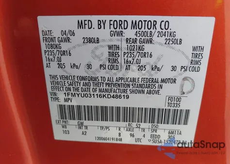 2006 Ford Escape z USA, uszkodzony, nr VIN 1FMYU03116KD48619